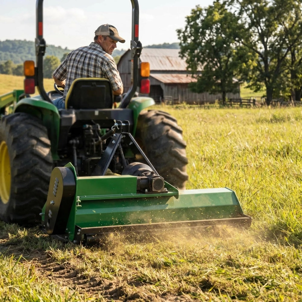 A man operating a green tractor equipped with a large green mulcher attachment in a grassy field, with trees and a barn in the background.