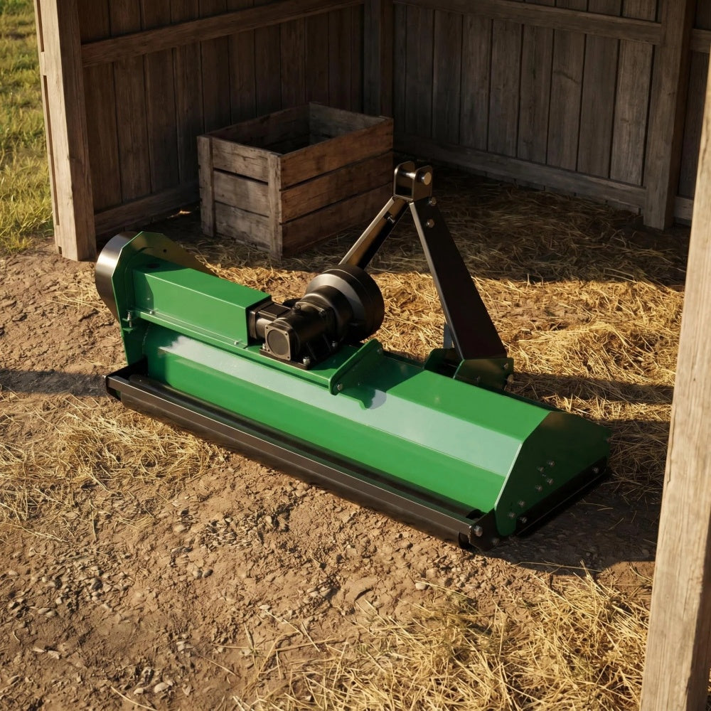 A green agricultural ground cutter or mulcher attachment resting on dirt and straw inside a wooden shed.