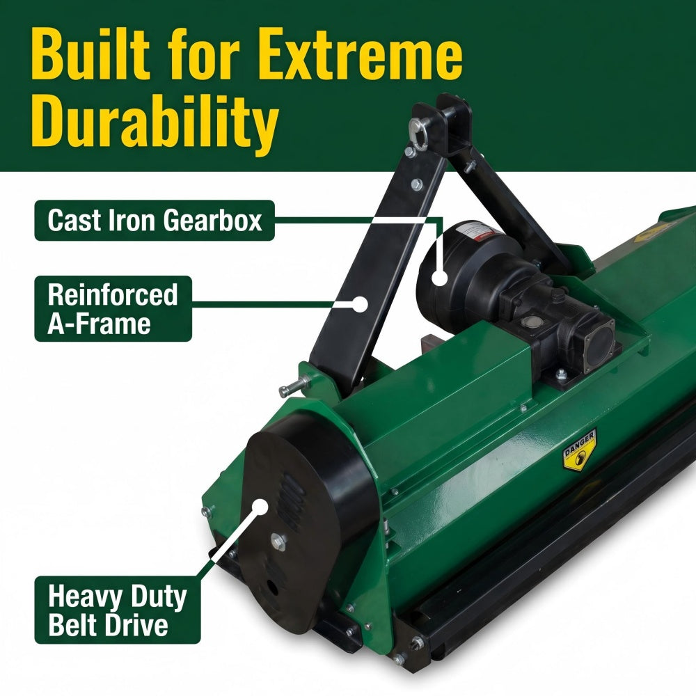 A green and black agricultural attachment with callout labels reading 'Built for Extreme Durability,' 'Cast Iron Gearbox,' 'Reinforced A-Frame,' and 'Heavy Duty Belt Drive.'.