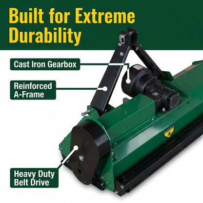 A green and black agricultural attachment with callout labels reading 'Built for Extreme Durability,' 'Cast Iron Gearbox,' 'Reinforced A-Frame,' and 'Heavy Duty Belt Drive.'.