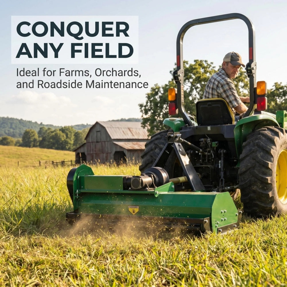 A green tractor with a large green attachment is being driven by a man in a field, with text reading 'CONQUER ANY FIELD' and smaller text below. A barn, trees, and open field are visible in the background.