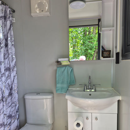 Portable Toilet with Shower Curtain Style