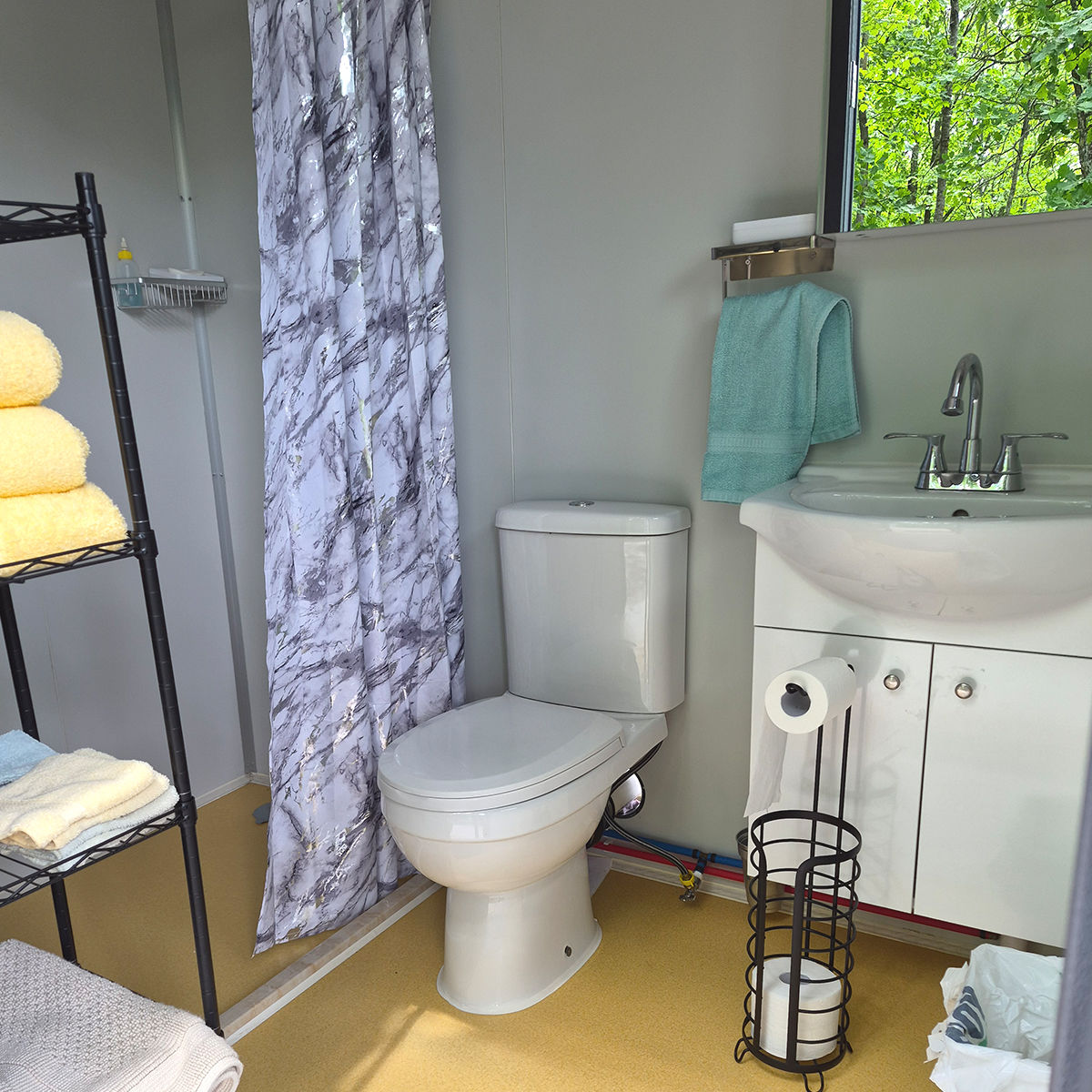Portable Toilet with Shower Curtain Style