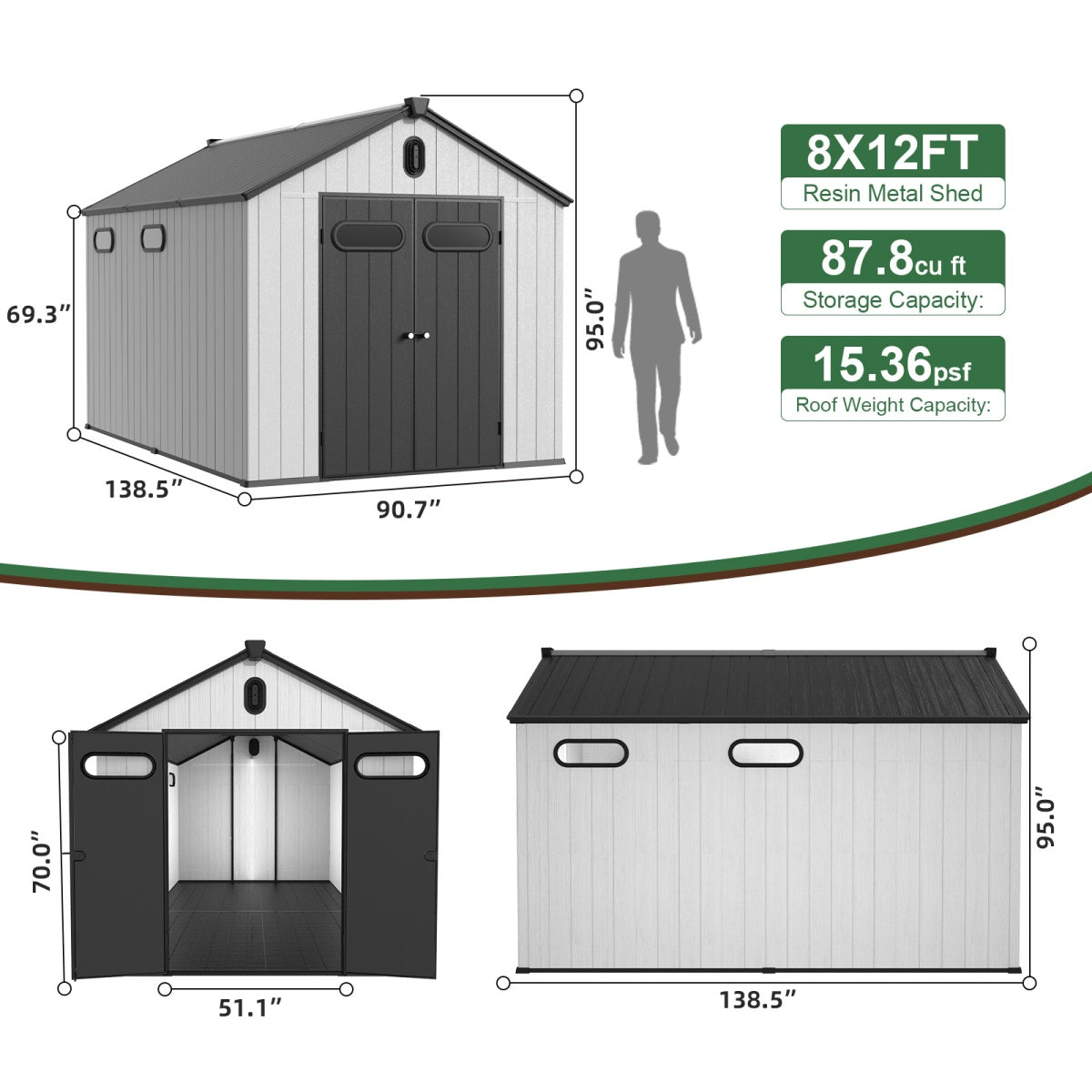 8x12 ft Resin Outdoor Storage Shed with Floor