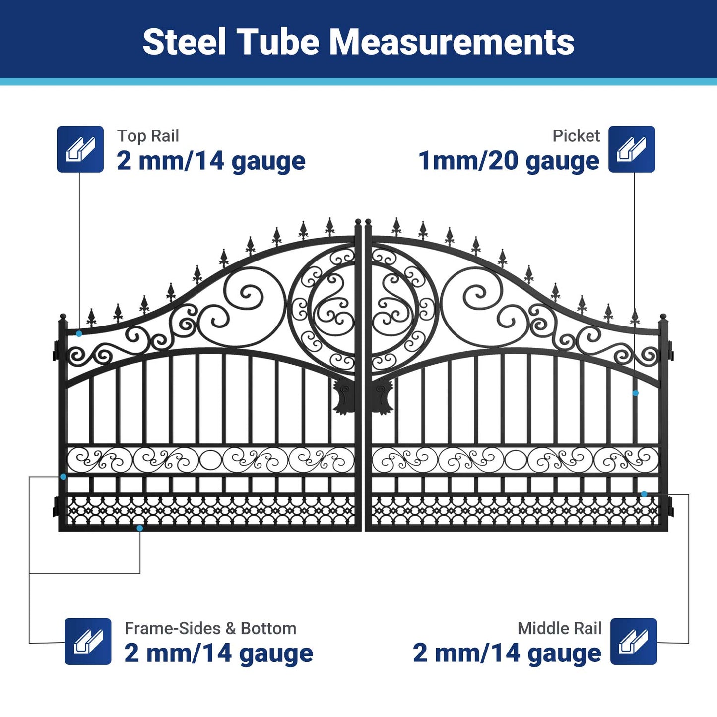 Steel tube measurement-14x8 ft steel dual swing driveway gate-european style