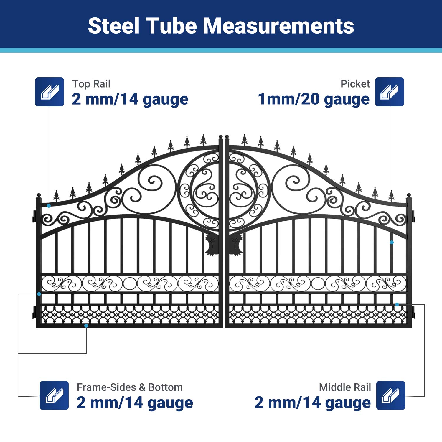 Steel tube measurement-14x8 ft steel dual swing driveway gate-european style