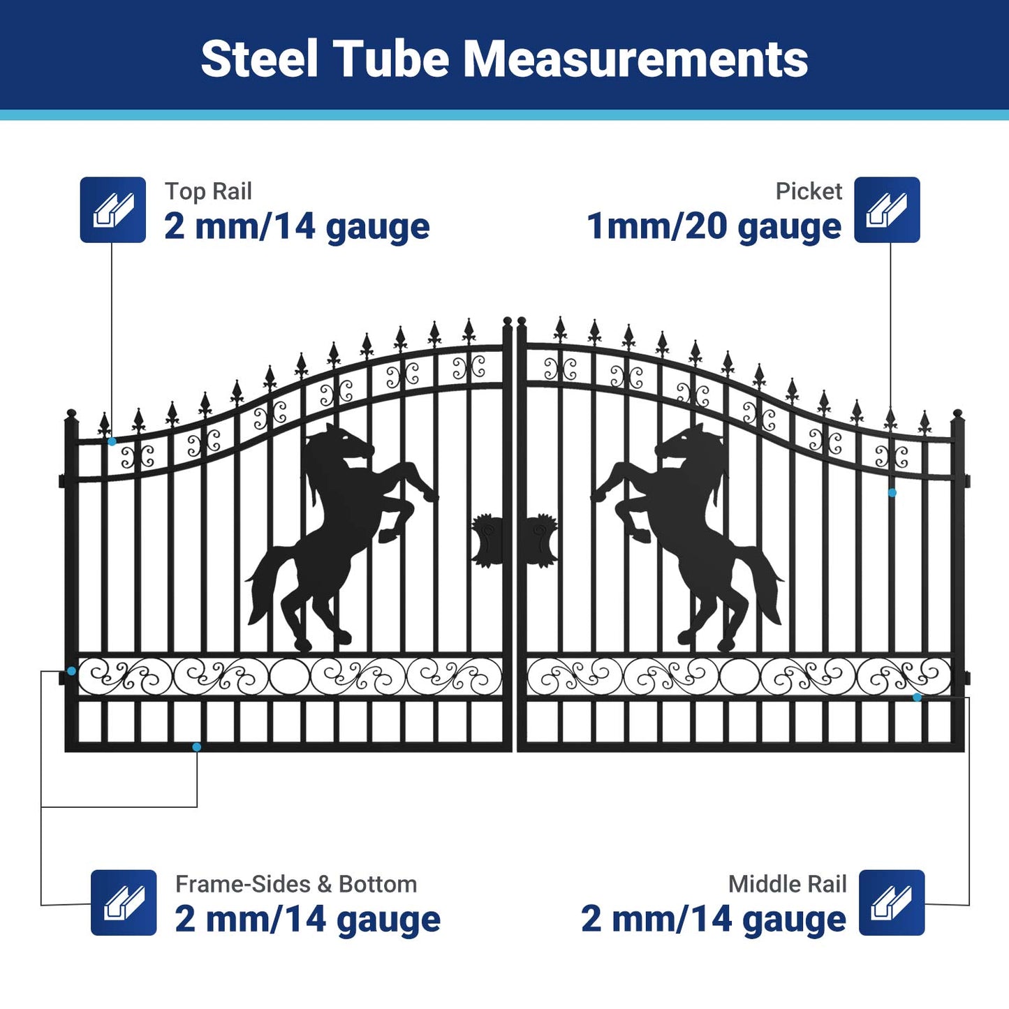 Steel tube measurements for 14 ft dual swing driveway gate with horse pattern