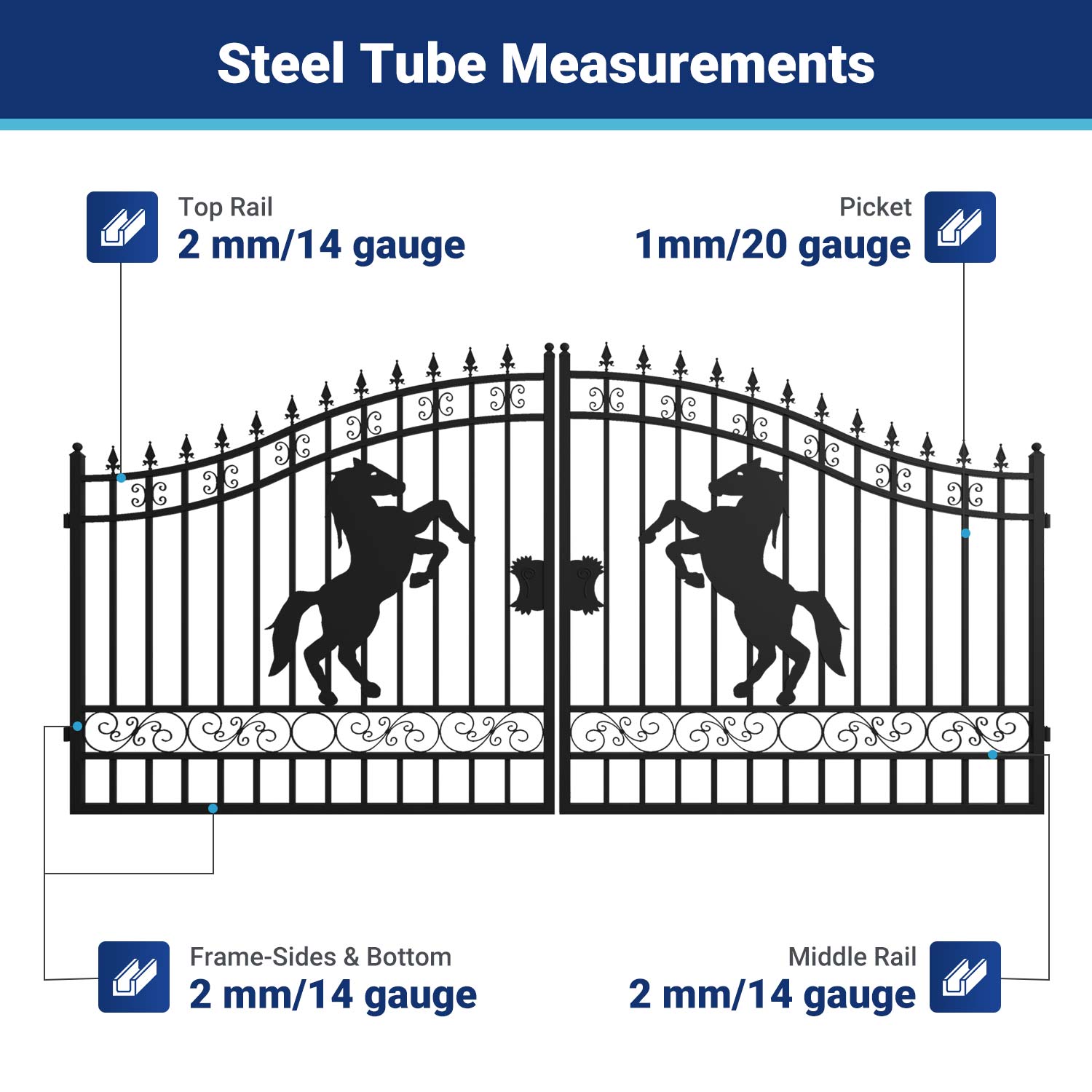 Steel tube measurements for 14 ft dual swing driveway gate with horse pattern