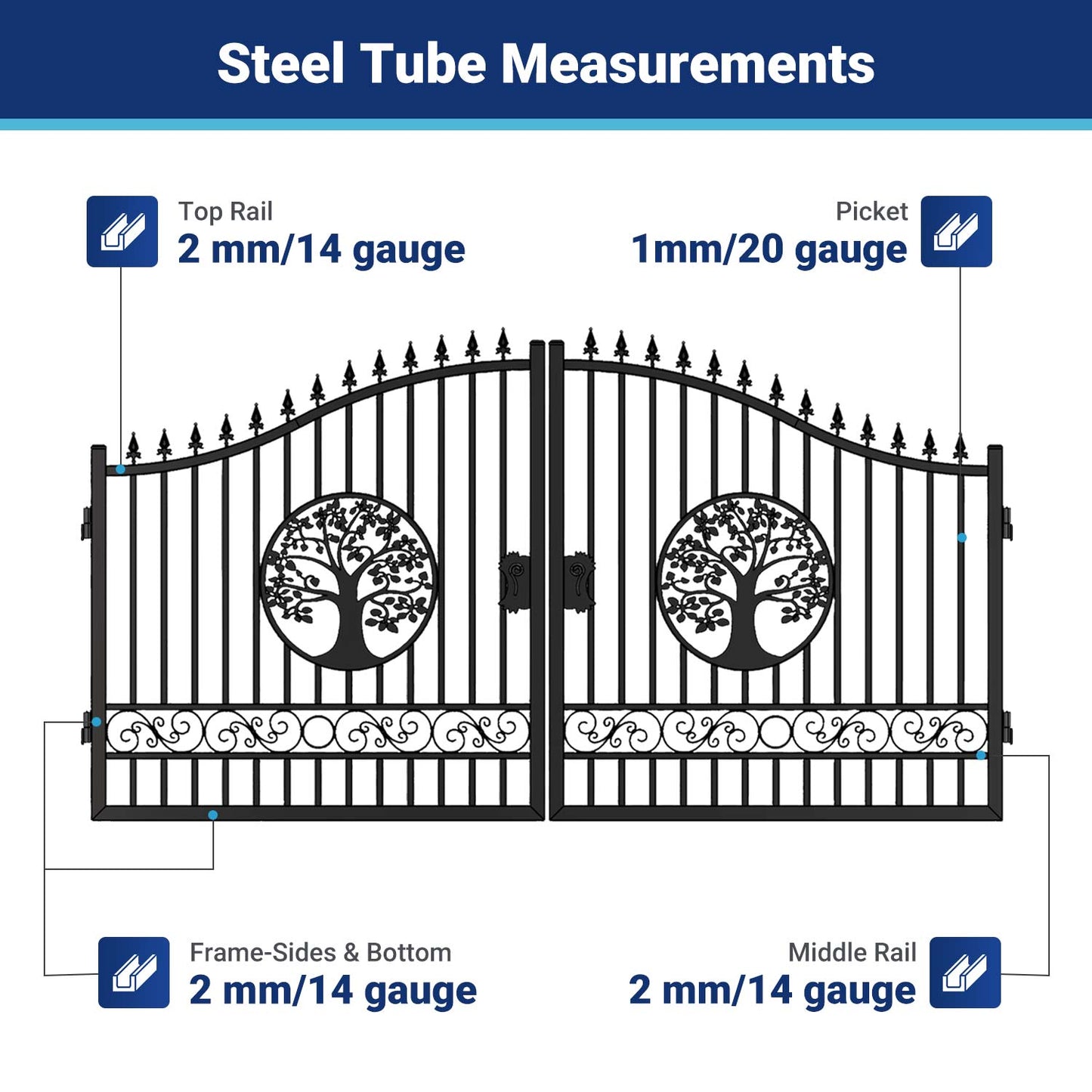 Steel tube measurements for 14ft driveway gate with tree pattern