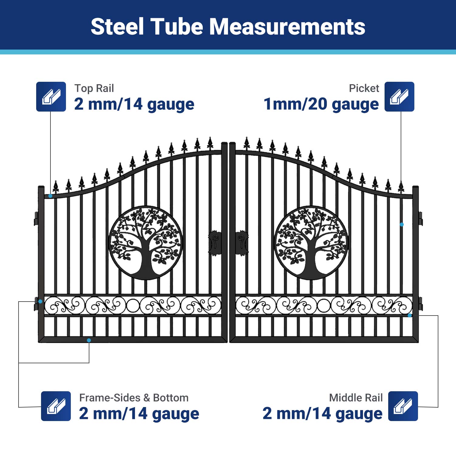 Steel tube measurements for 14ft driveway gate with tree pattern