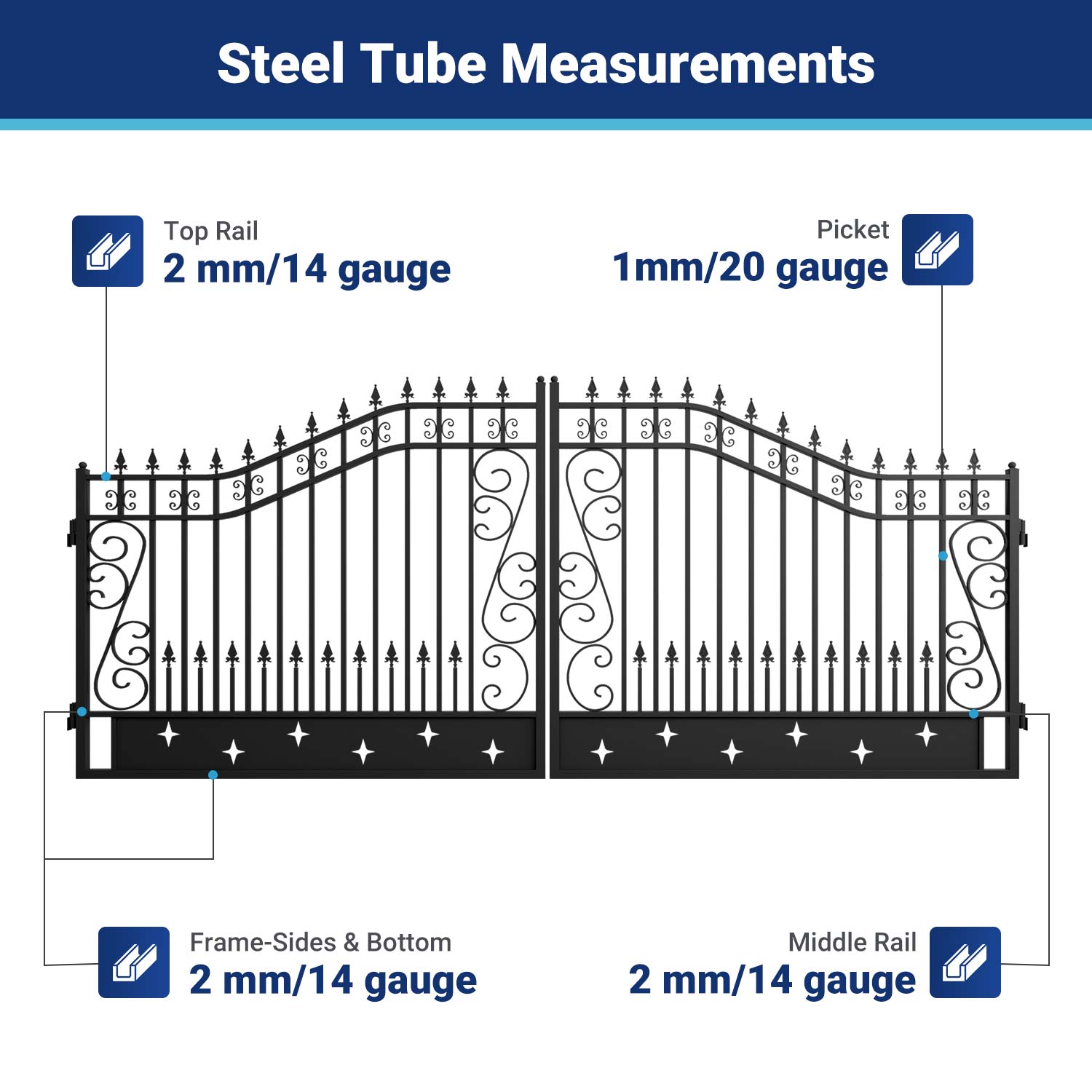 Steel tube measurements for 16ft dual swing driveway gate with star pattern
