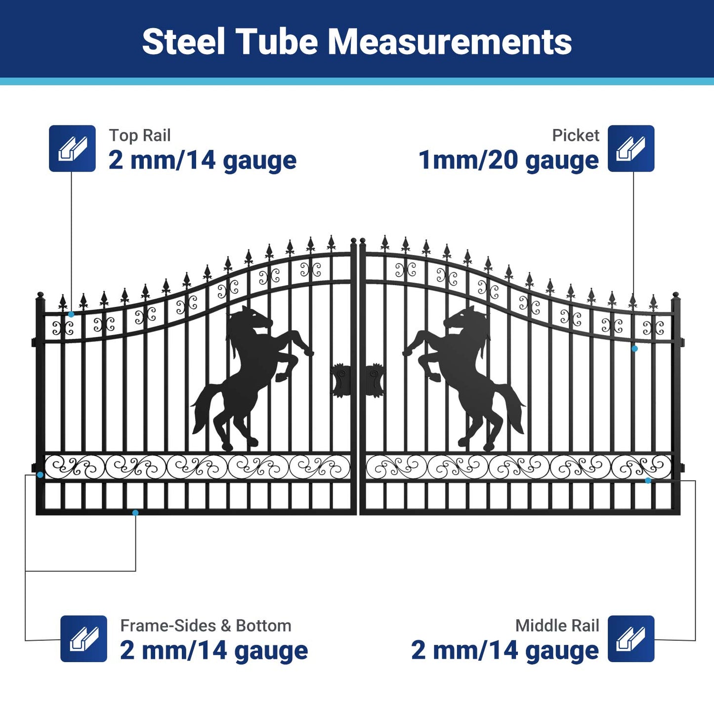 Steel tube measurements for 16 ft dual swing driveway gate with horse pattern