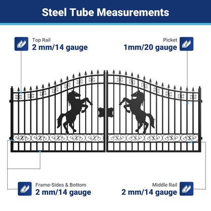 Steel tube measurements for 16 ft dual swing driveway gate with horse pattern