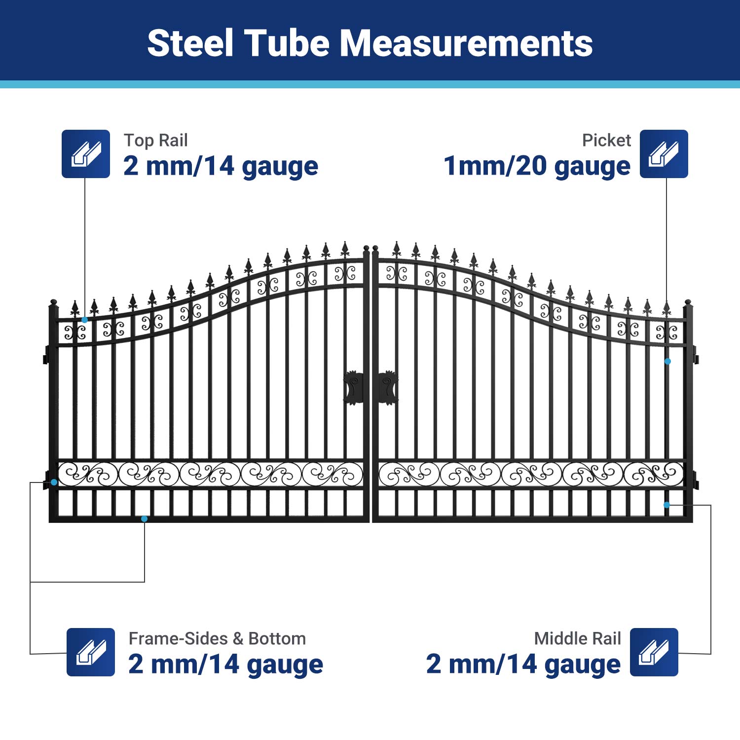 Steel tube measurements for 16x8 ft dual swing driveway gate