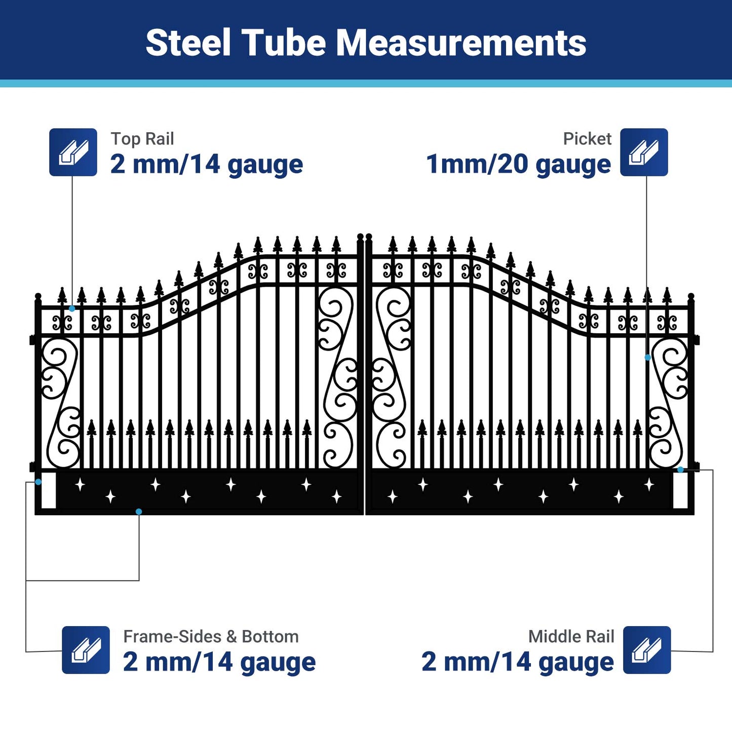 Steel tube measurements for 18x8 ft steel dual swing driveway gate
