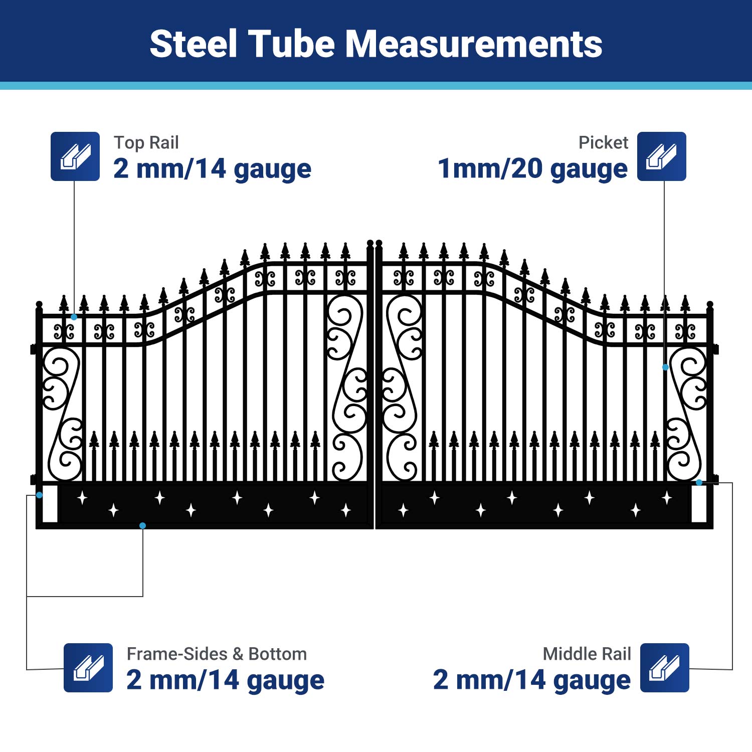 Steel tube measurements for 18x8 ft steel dual swing driveway gate