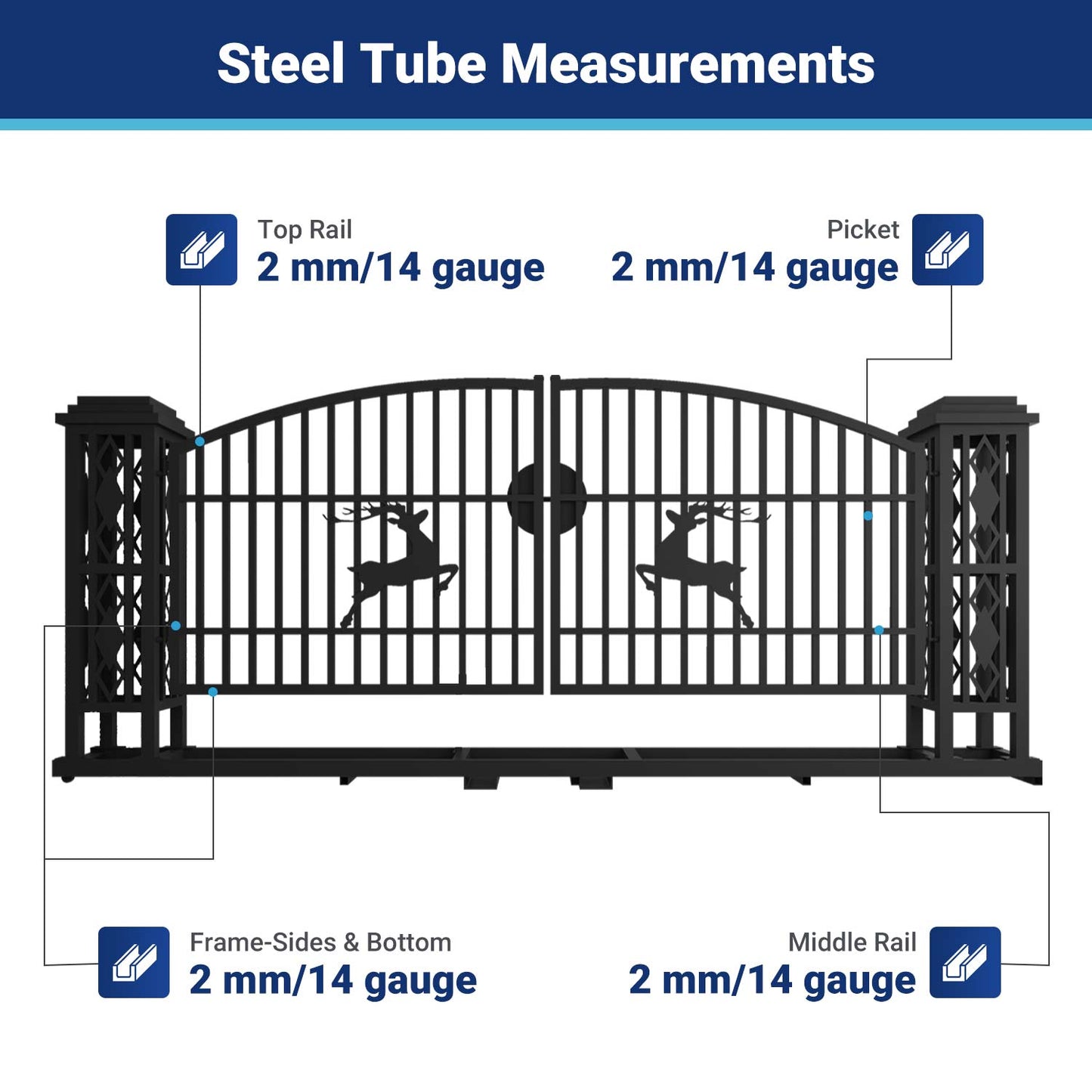 Steel tube measurements  for 20 ft driveway gate with ornamental posts