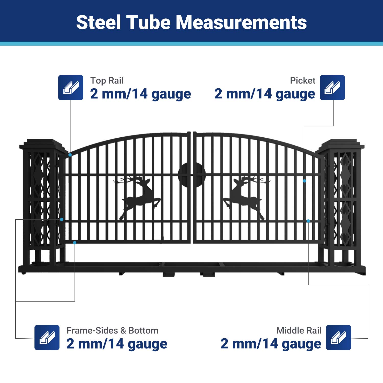 Steel tube measurements  for 20 ft driveway gate with ornamental posts