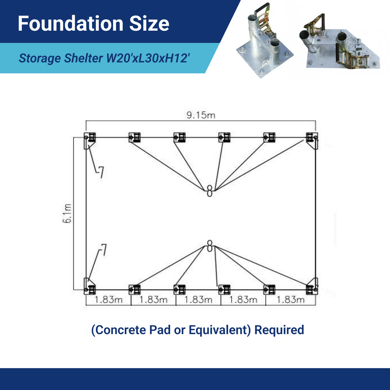 Single Truss Arch Storage Shelter W20'xL30'xH12' foudation size