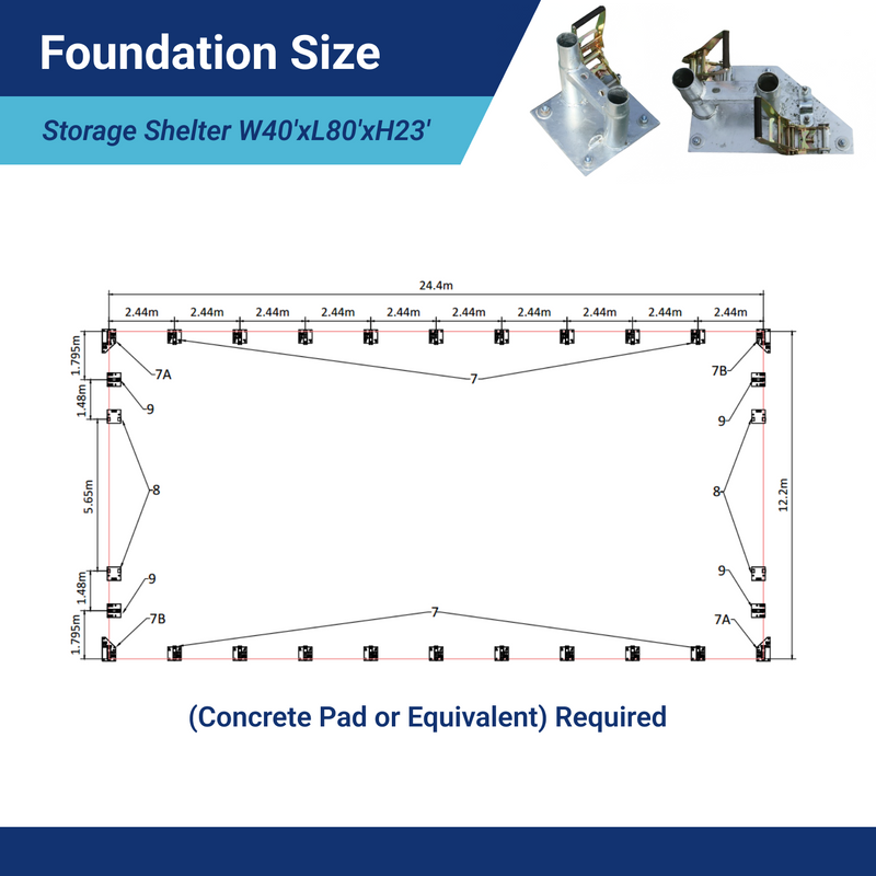 Double Truss Storage Shelter W40'xL80'xH23' foudation size