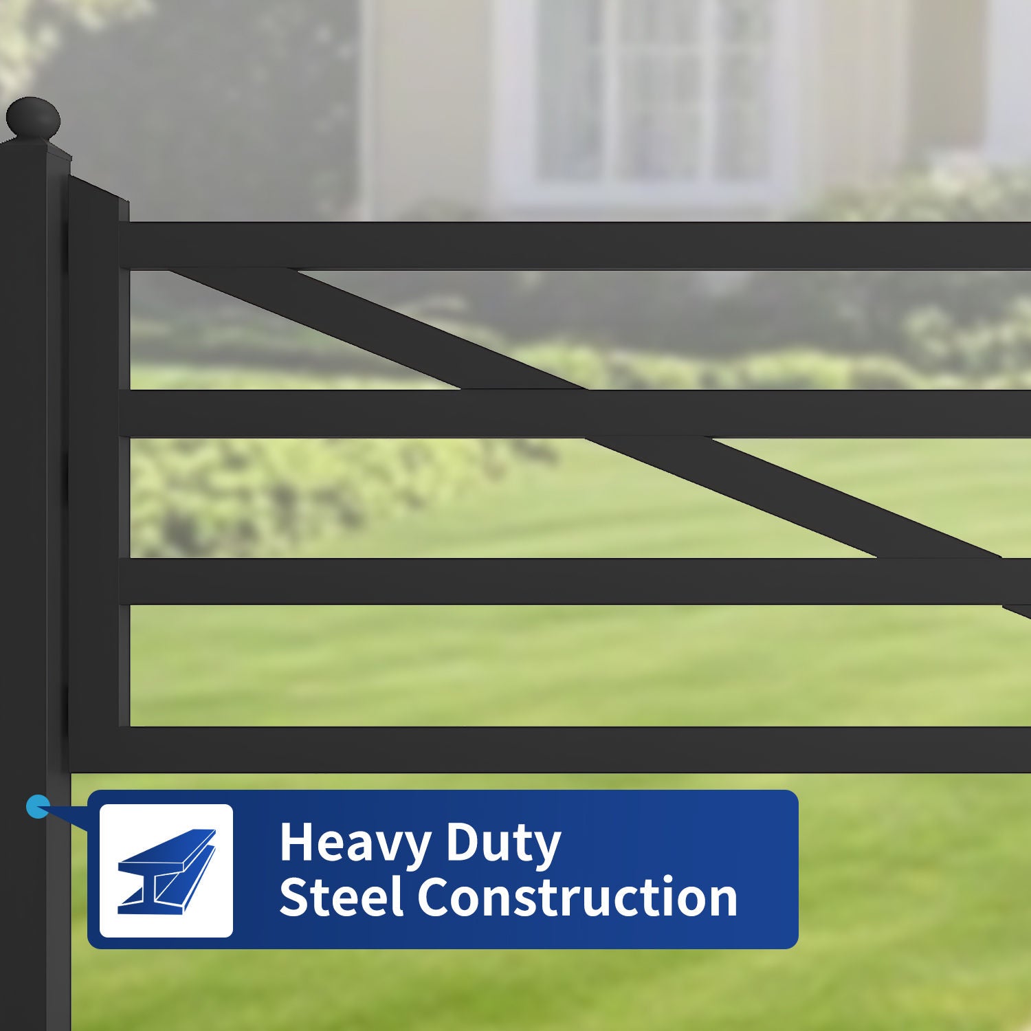 The farm driveway gate features heavy duty construction