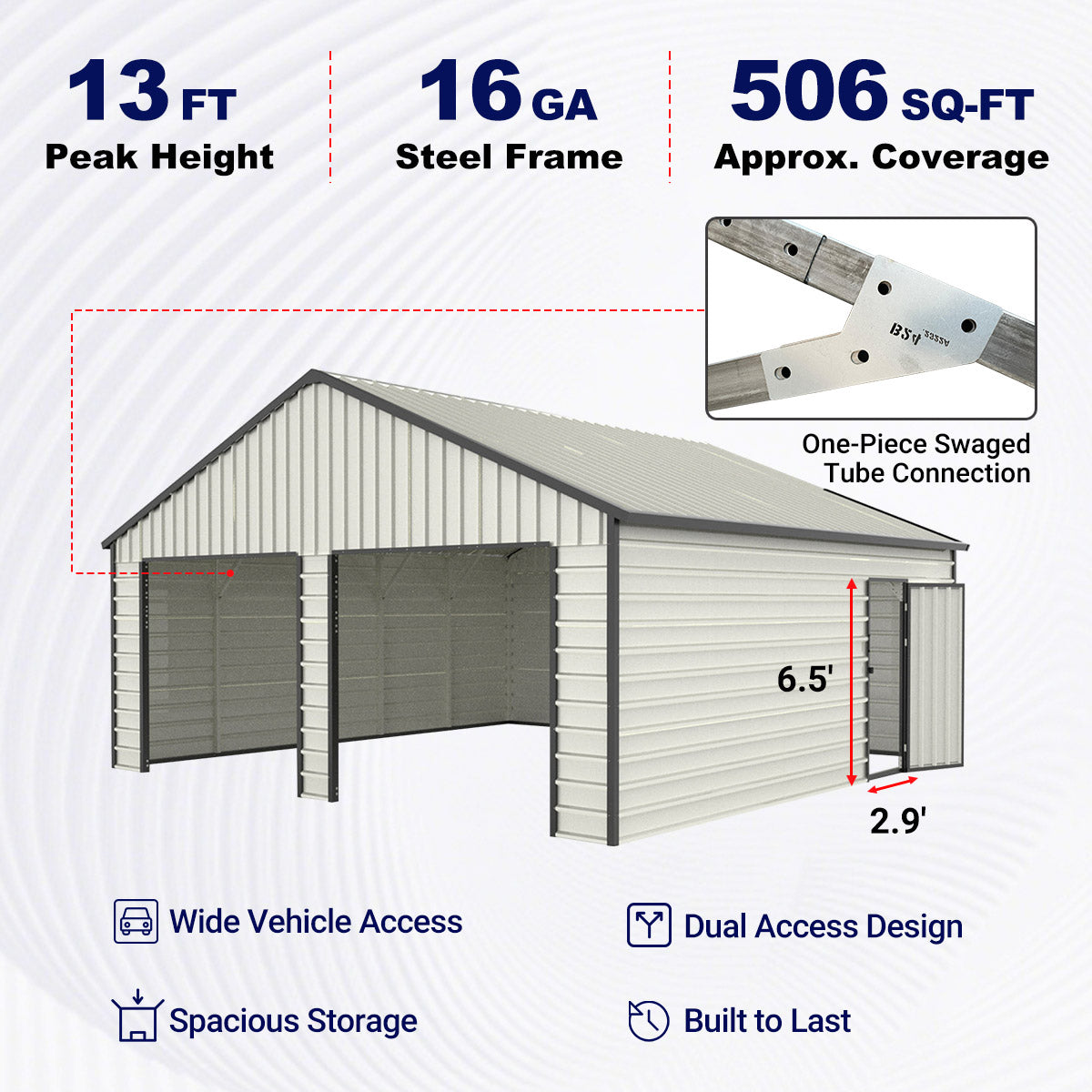 Upgraded 23' x 22' Double Garage Metal Shed with Side Entry Door