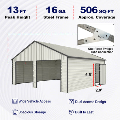 Upgraded 23' x 22' Double Garage Metal Shed with Side Entry Door