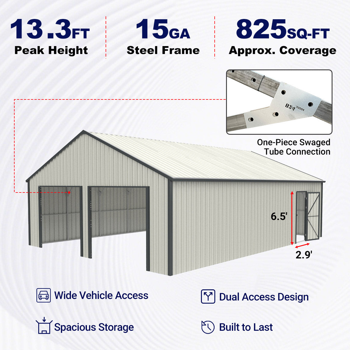 Upgraded 25' x 33' Double Garage Metal Shed with Side Entry Door