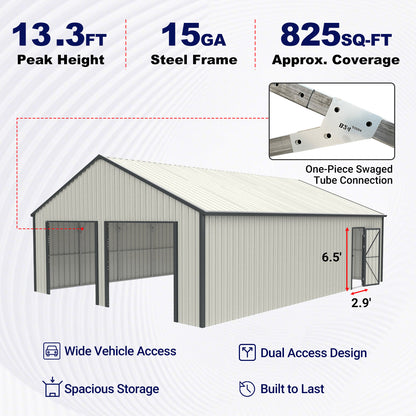 Upgraded 25' x 33' Double Garage Metal Shed with Side Entry Door