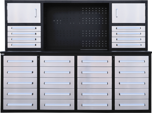 7ft Garage Workbench Cabinet (28 Drawers & Pegboard)