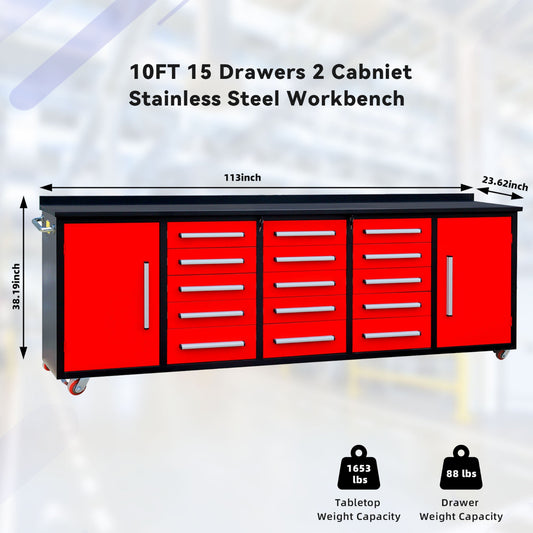 10ft Storage Workbench 15 Drawers with Wheels#color_Red