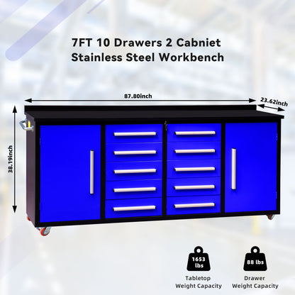 7ft Storage Workbench 10 Drawers with Wheels#color_Blue
