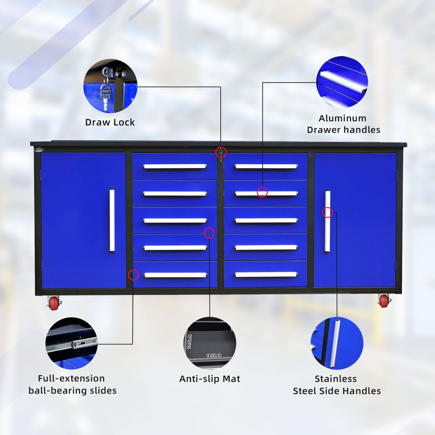 7ft Storage Workbench 10 Drawers with Wheels#color_Blue