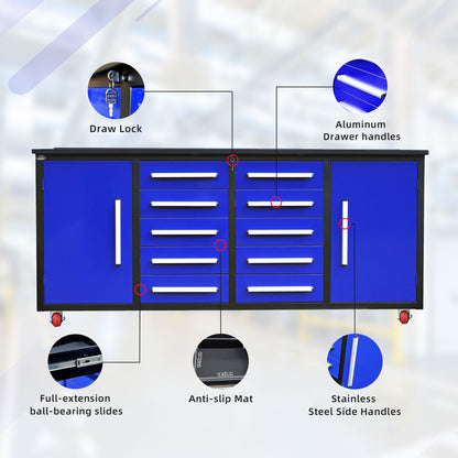 7ft Storage Workbench 10 Drawers with Wheels#color_Blue