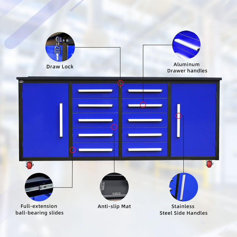 7ft Storage Workbench 10 Drawers with Wheels