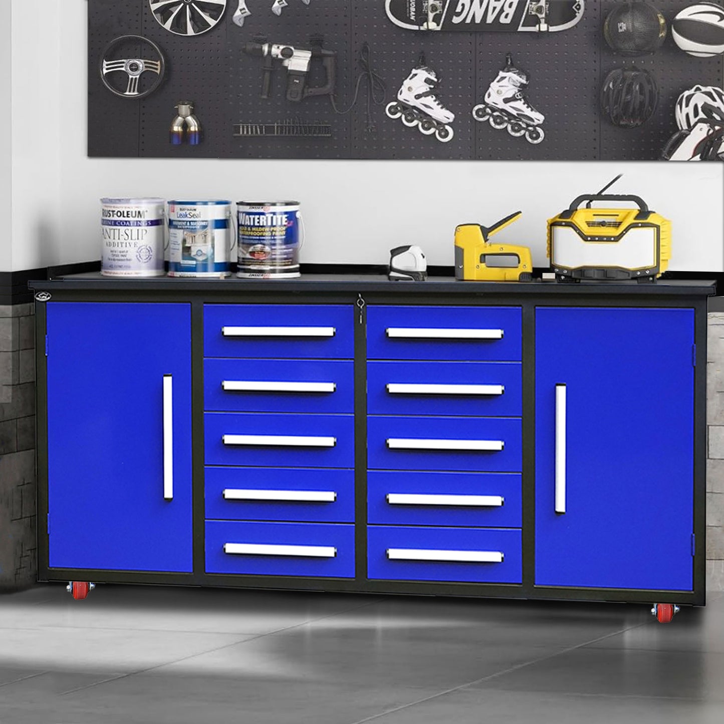 7ft Storage Workbench 10 Drawers with Wheels#color_Blue