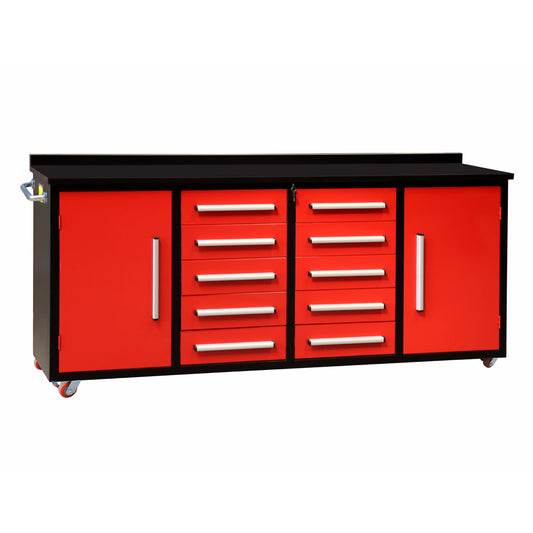 7ft Storage Workbench 10 Drawers with Wheels#color_Red