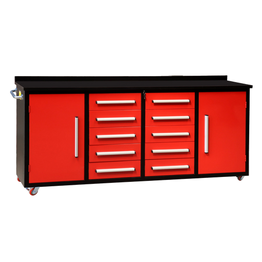 7ft Storage Workbench 10 Drawers with Wheels#color_Red
