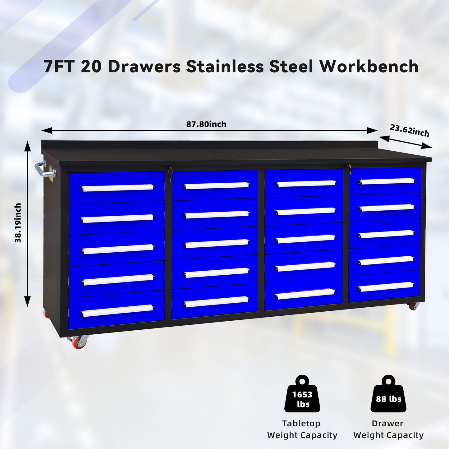 7ft Storage Workbench 20 Drawers with Wheels#color_Blue