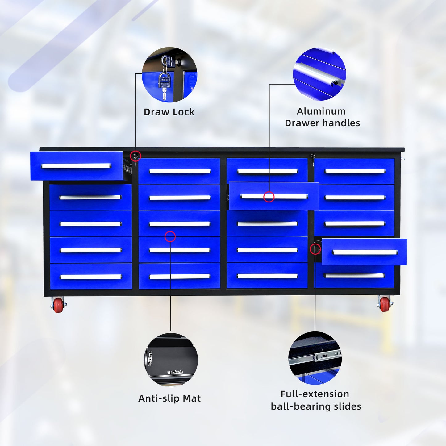 7ft Storage Workbench 20 Drawers with Wheels#color_Blue