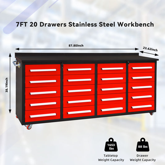 7ft Storage Workbench 20 Drawers with Wheels#color_Red