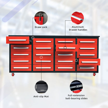 7ft Storage Workbench 20 Drawers with Wheels#color_Red