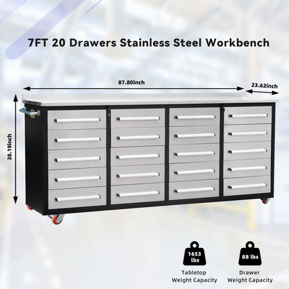 7ft Storage Workbench 20 Drawers with Wheels#color_Silver