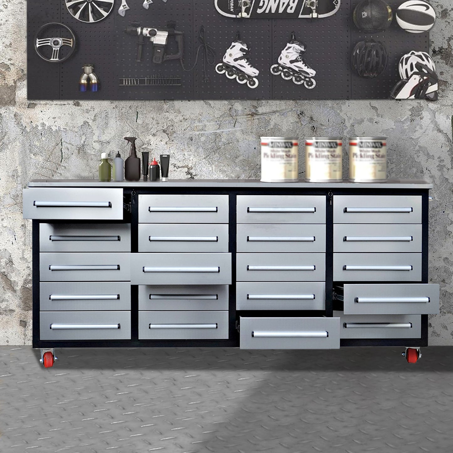 7ft Storage Workbench 20 Drawers with Wheels#color_Silver