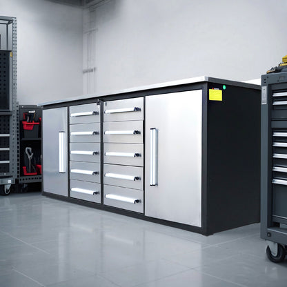 a 7ft 10-drawers workbench in a basement