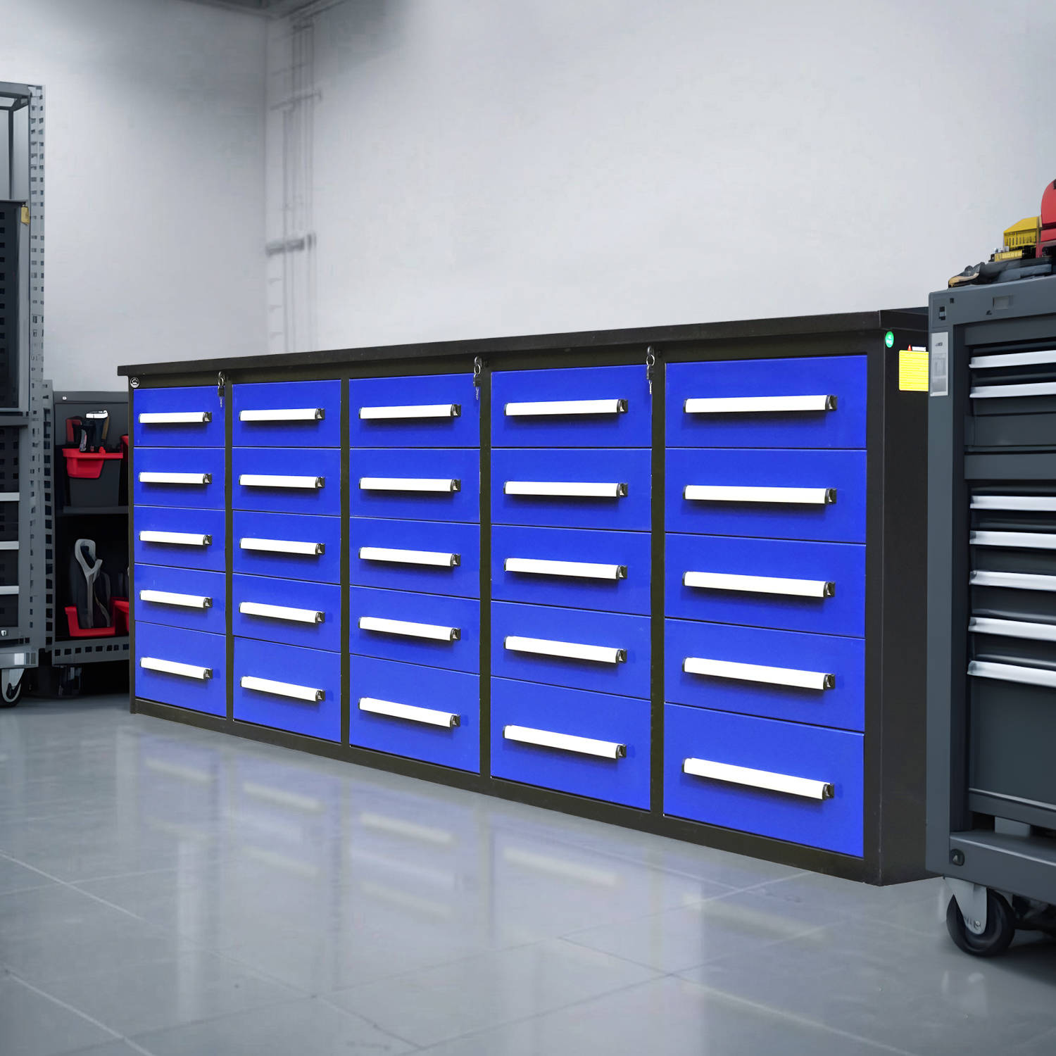 a 10ft blue garage cabinet in a basement
