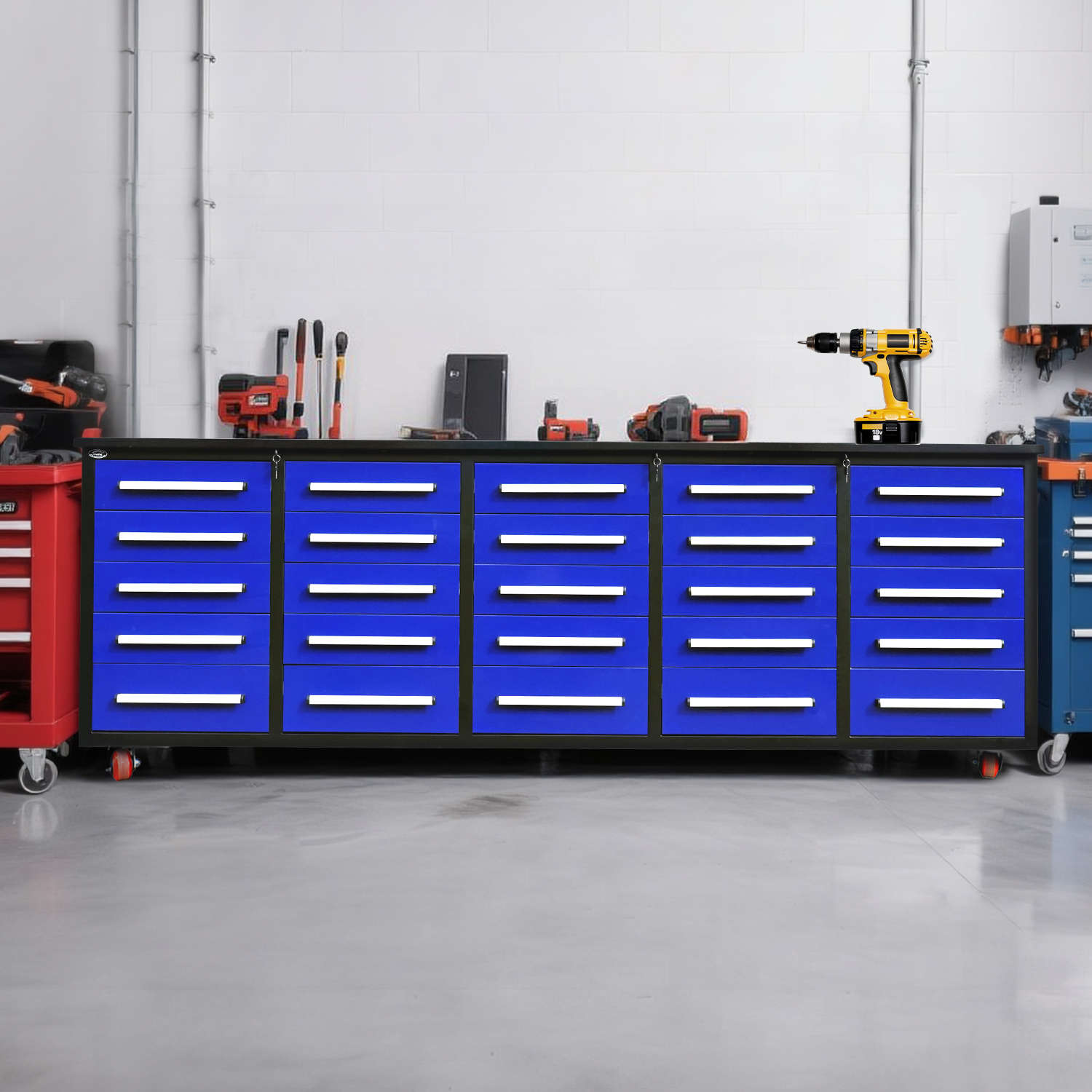 a blue 10ft garage cabinet with wheels in a garage