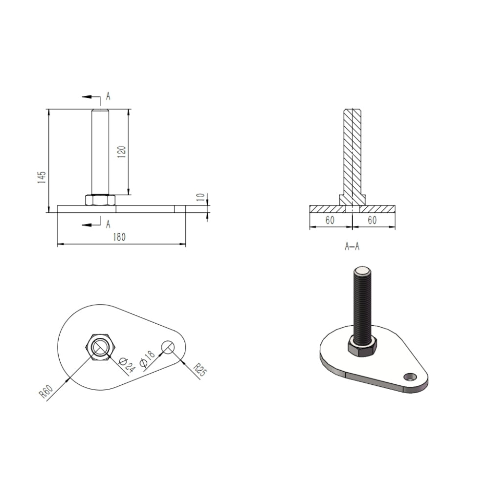 Technical drawing of a mechanical component with dimensions and details.