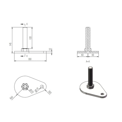 Technical drawing of a mechanical component with dimensions and details.