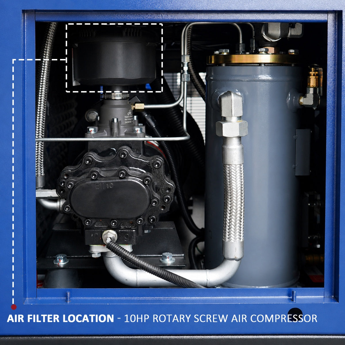 Close-up of a blue industrial air compressor cabinet showing internal components